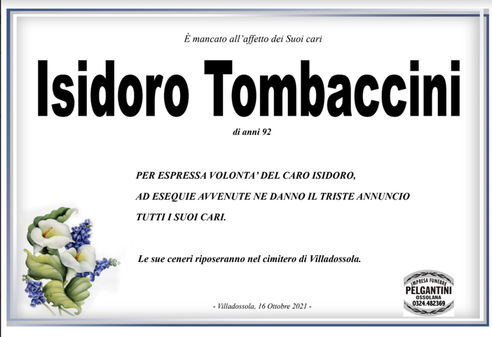 Isidoro Tombaccini di anni 82