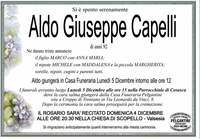 Aldo Giuseppe Capelli di anni 92