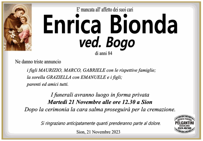 Enrica Bionda ved. Bogo di anni 84