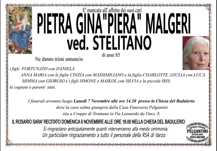 Pietra "Gina" Piera Malgeri ved. Stelitano di anni 85