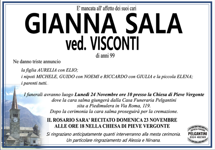 Gianna Sala ved. Visconti di anni 99