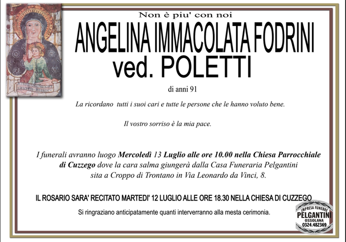 Angelina Immacolata Fodrini ved. Poletti di anni 91