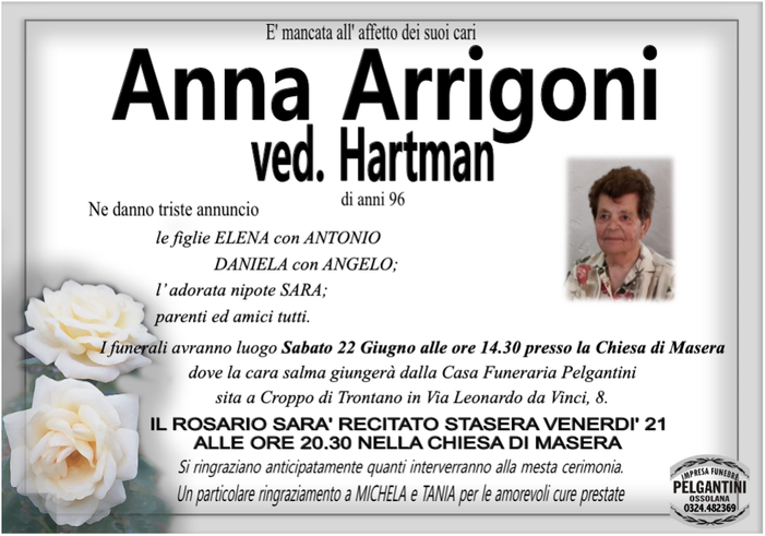 Anna Arrigoni ved. Hartman 96 anni