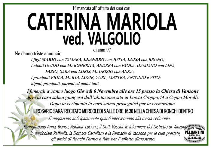 Caterina Mariolaved. Valgolio di anni 97