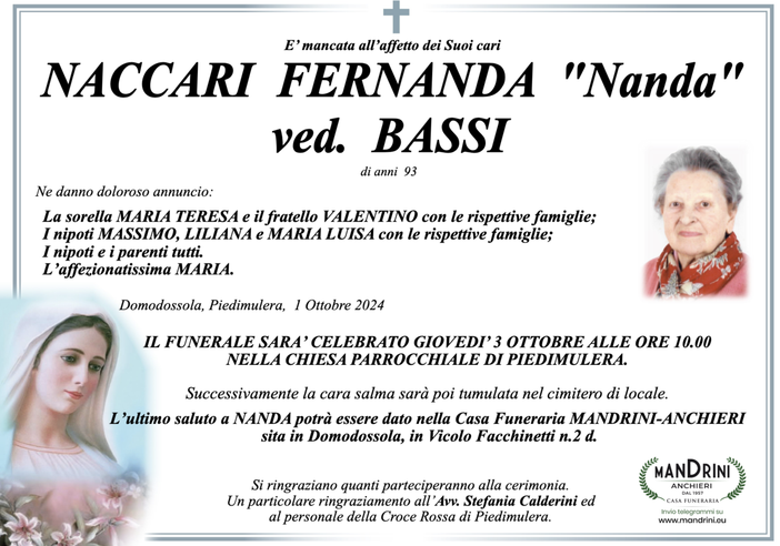 Naccari Fernanda &quot;Nanda&quot; ved. Bassi di anni 93
