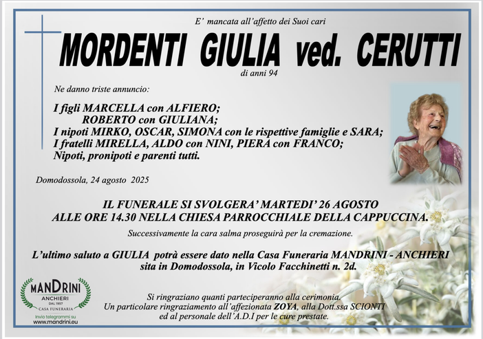 Mordenti Giulia ved. Cerutti di anni 94
