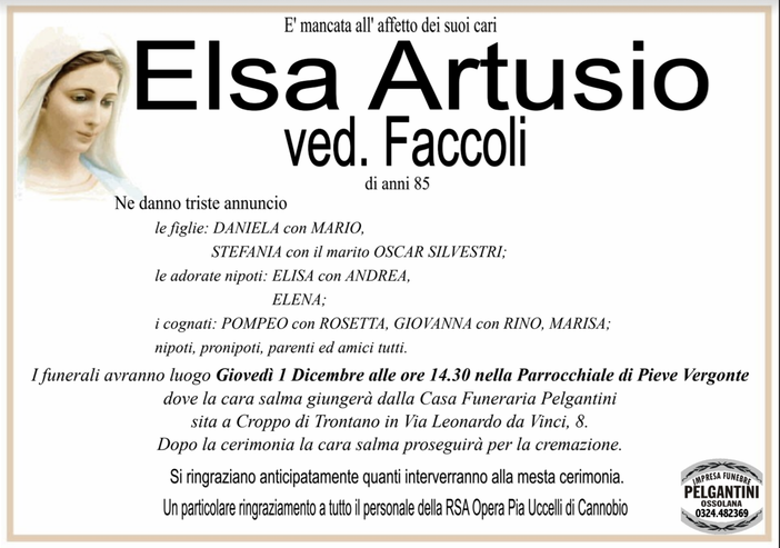 Elsa Artusio ved. Faccoli di anni 85