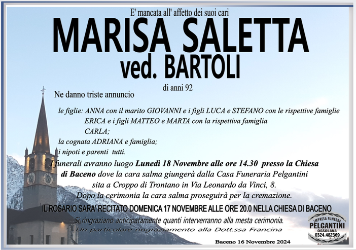 Marisa Saletta ved. Bartoli di anni 92