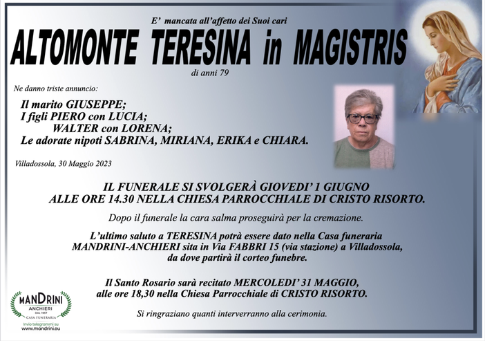 Altomonte Teresina in Magistris di anni 79