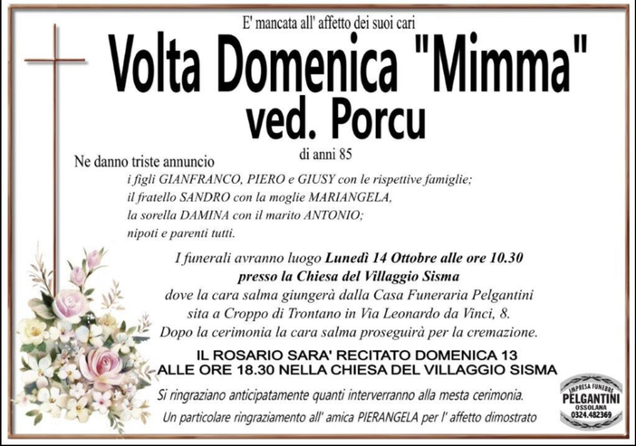 Volta Domenica &quot;Mimma&quot; ved. Porcu di anni 85