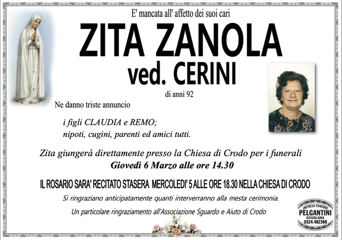 Zita zanola ved. Cerini di anni 92