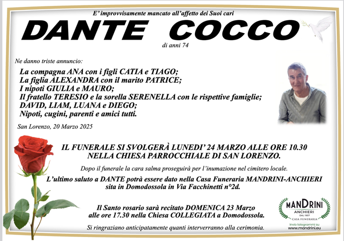 Dante Cocco di anni 74