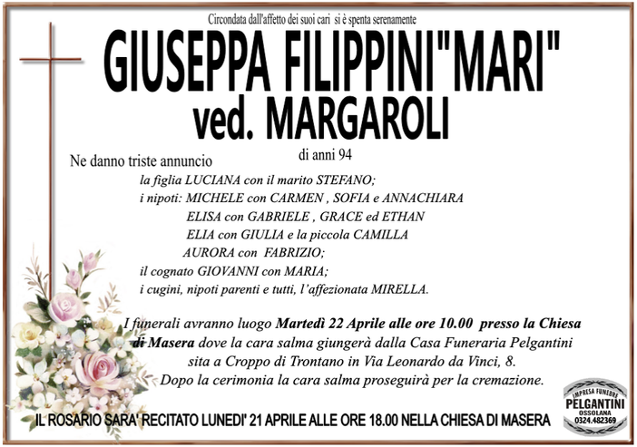 Giuseppa Filippini 'Mari' ved. Margaroli 94 anni