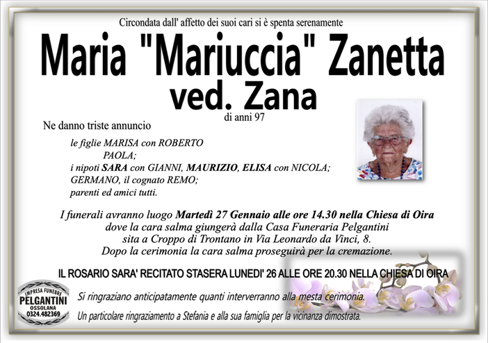 Maria "Mariuccia" Zanetta ved. Zana di anni 97