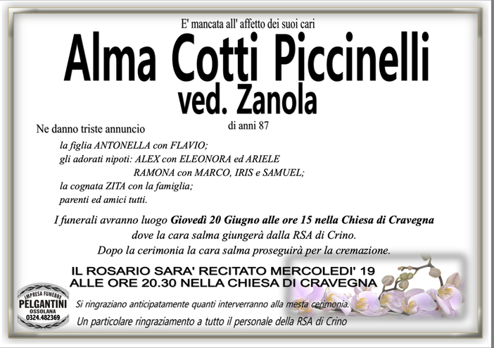 Alma Cotti Piccinelli ved. zanola di anni 87