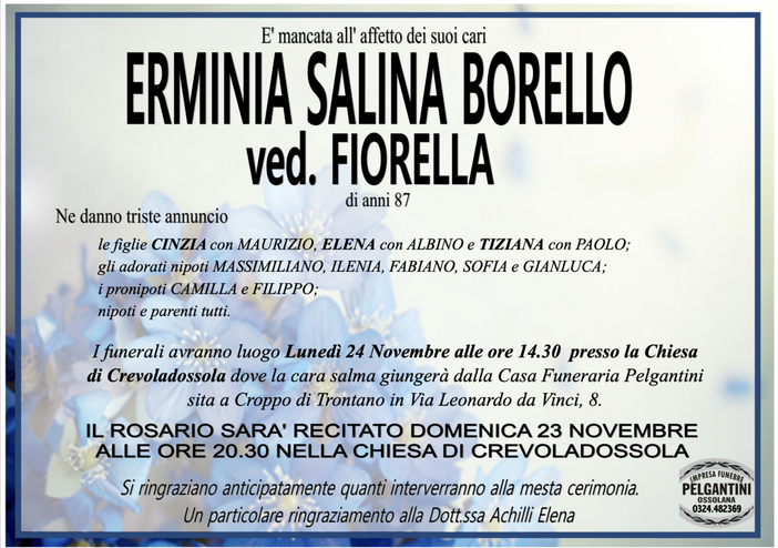 Erminia Salina Borello ved. Fiorella di anni 87