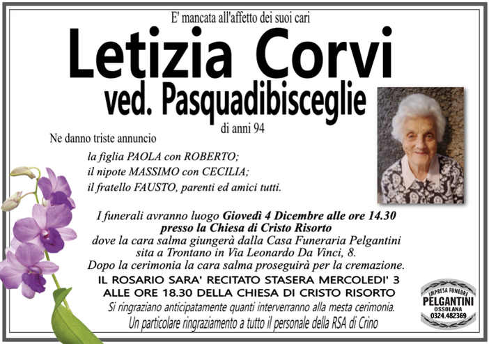 Letizia Corvi ved. Pasquadibisceglie di anni 94