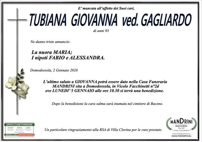 Tubiana Giovanna ved. Gagliardo di anni 93