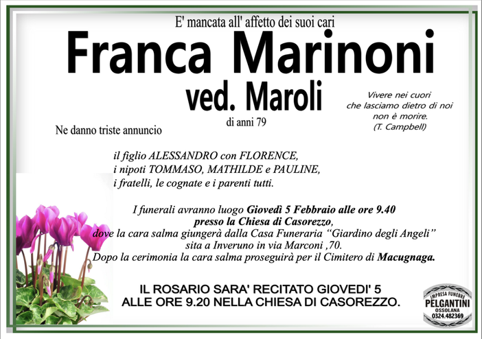 Franca Marinoni ved. Maroli di anni 79