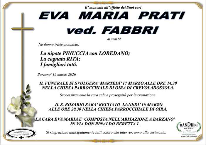 Eva Maria Prati ved. Fabbri di anni 88