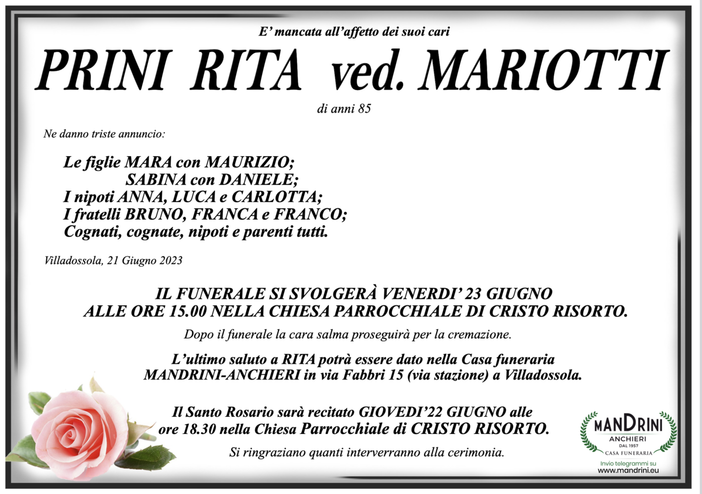 Prini Rita ved. Mariotti di anni 85