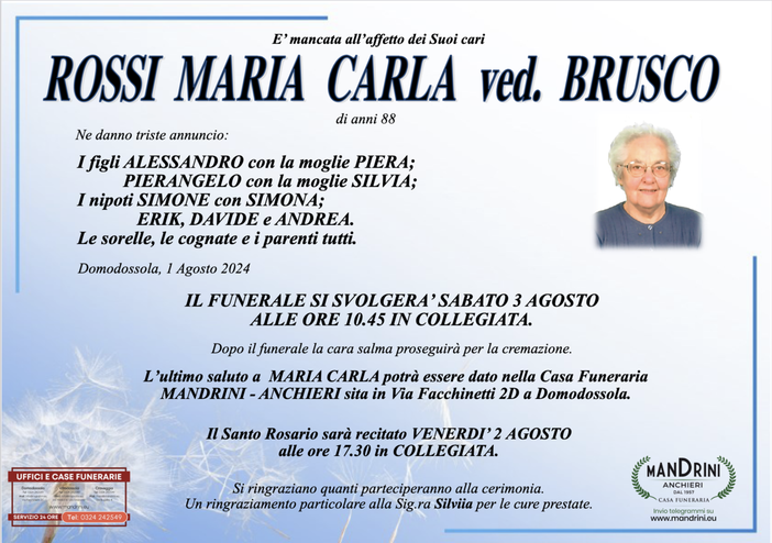 Rossi Maria Carla ved. Brusco di anni 88