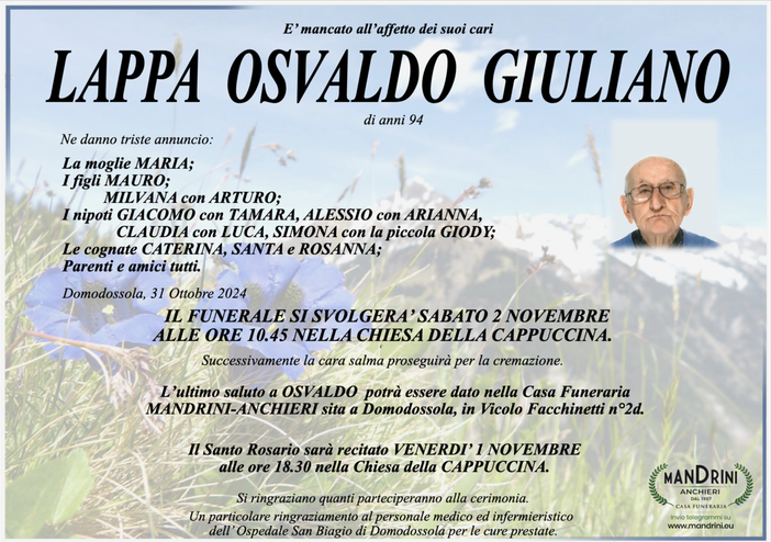 Lappa Osvaldo Giuliano di anni 94