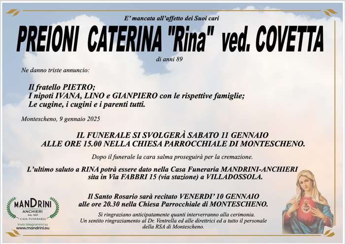 Preioni Caterina "Rina" ved. Covetta di anni 89