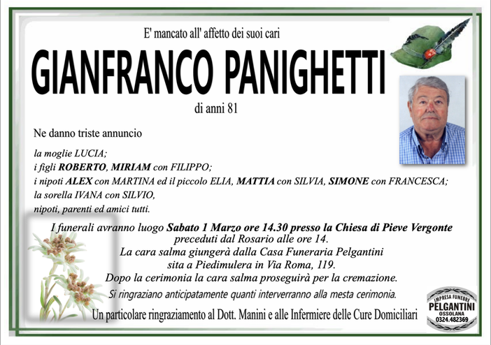 Gianfranco Panighetti di anni 81