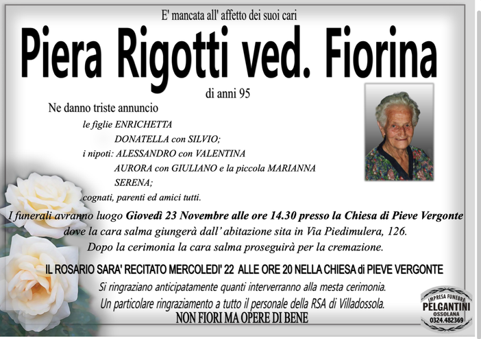 Piera Rigotti ved. Fiorina di anni 85