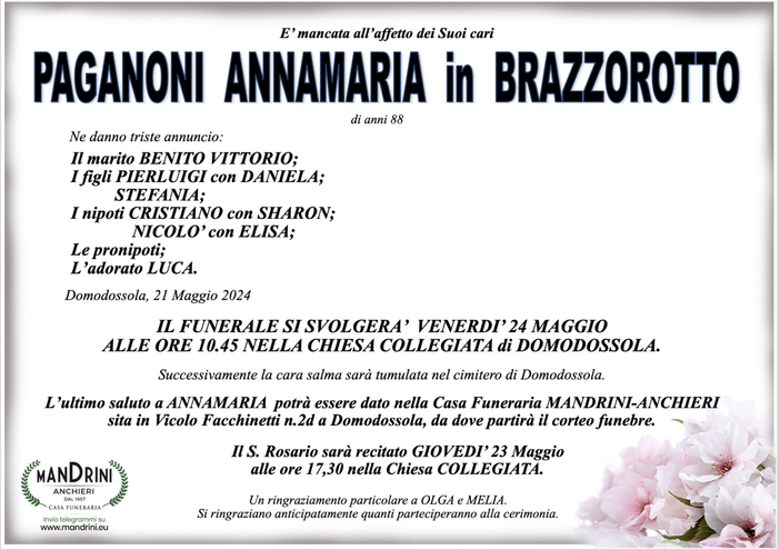 Paganoni Annamaria in Brazzorotto di anni 88