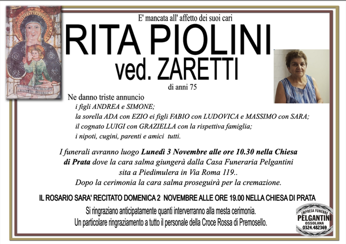 Rita Piolini ved. Zaretti di anni 75