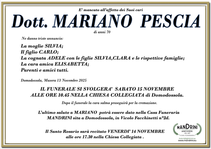 Dott. Mariano Pescia di anni 70