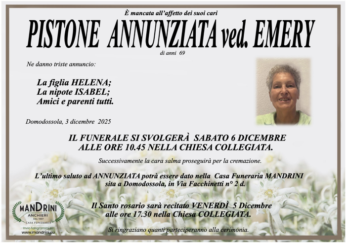 Pistone Annunziata ved. Emery di anni 69