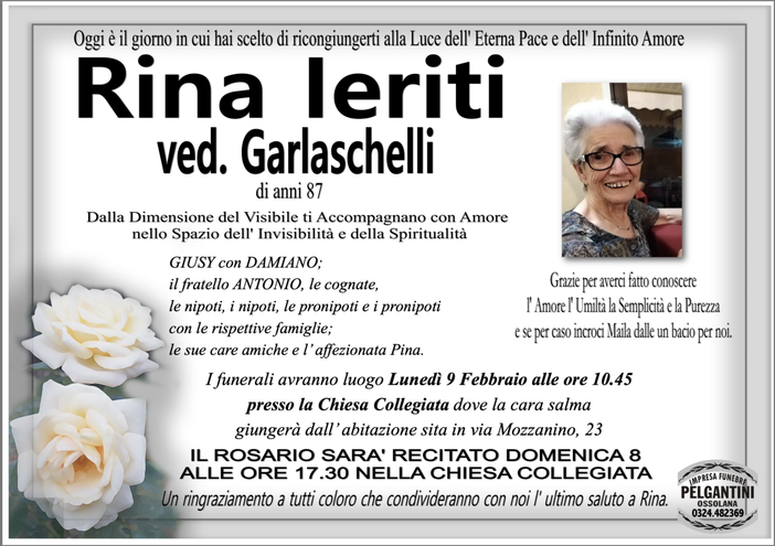 Rina Ieriti ved. Garlaschelli di anni 87