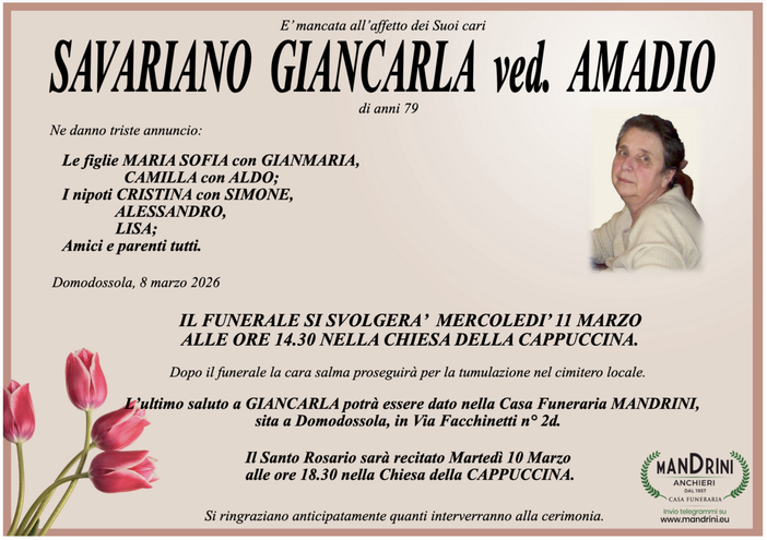 Savariano Giancarla ved. Amadio di anni 79