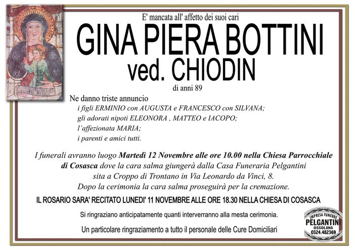 Gina Piera Bottini ved. Chiodin di anni 89
