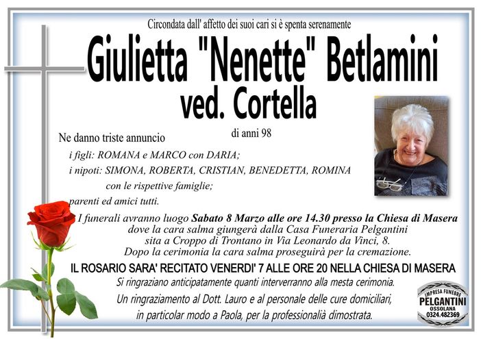 Giulietta "Nenette" Betlamini ved. Cortella di anni 98