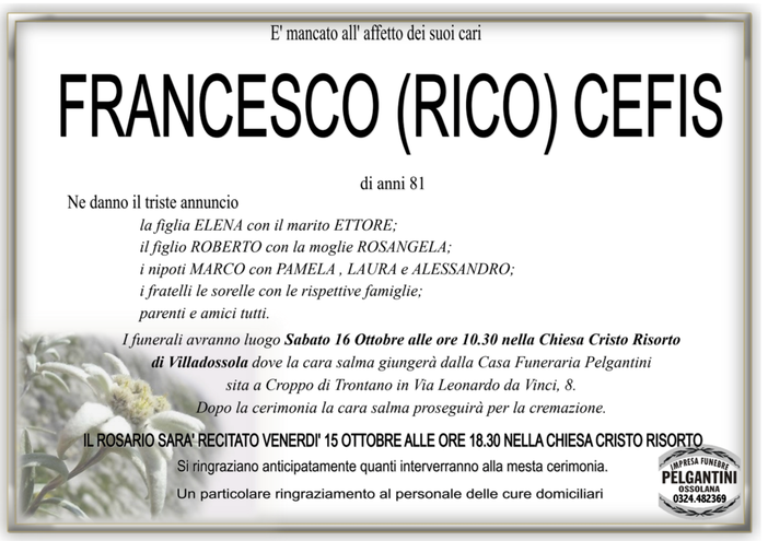 Francesco (Rico) Cefis di anni 81