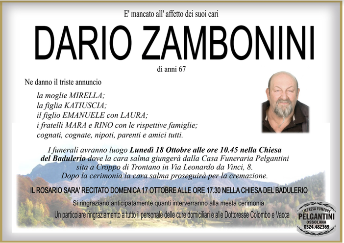 Dario Zambonini di anni 67