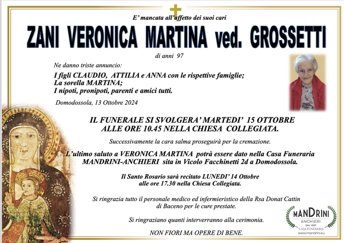 Zani Veronica Martina ved. Grossetti di anni 97