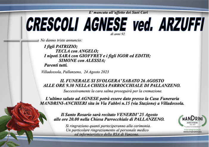 Crescoli Agnese ved. Arzuffi di anni 92