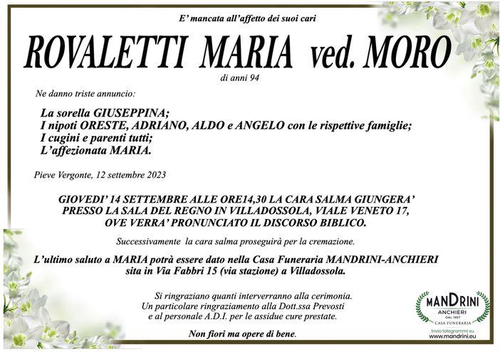 Rovaletti Maria ved. Moro di anni 94