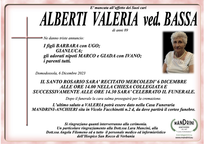 Alberti Valeria ved. Bassa di anni 89
