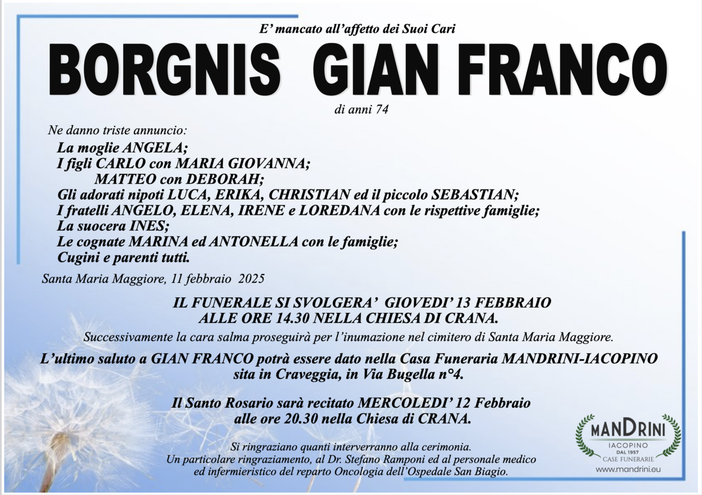 Borgnis Gian Franco di anni 74