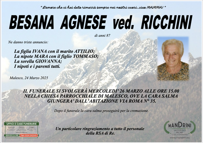Besana Agnese ved. Ricchini di anni 87
