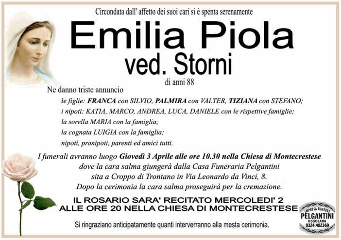 Emilia Piola ved. Storni 88 anni