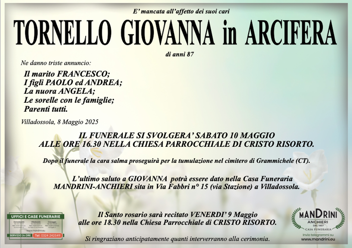 Tornello Giovanna in Arcifera 87 anni