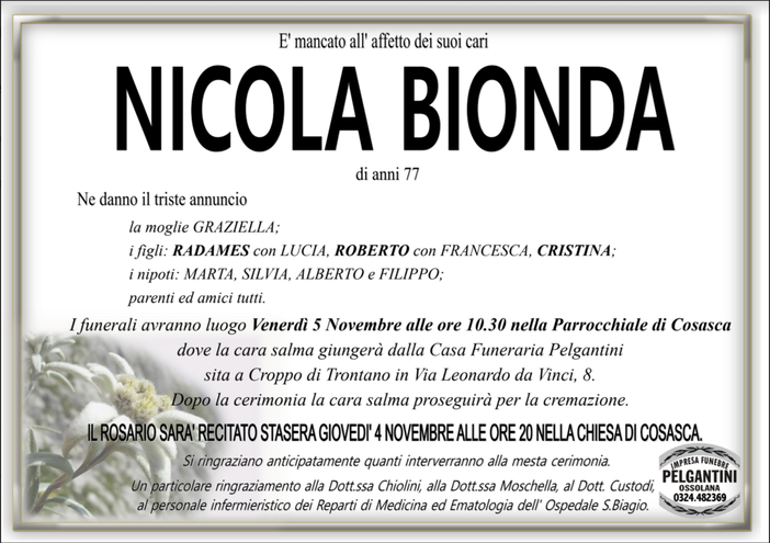 Nicola Bionda di anni 77