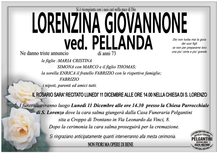 Lorenzina Giovannone ved. Pellanda di anni 73